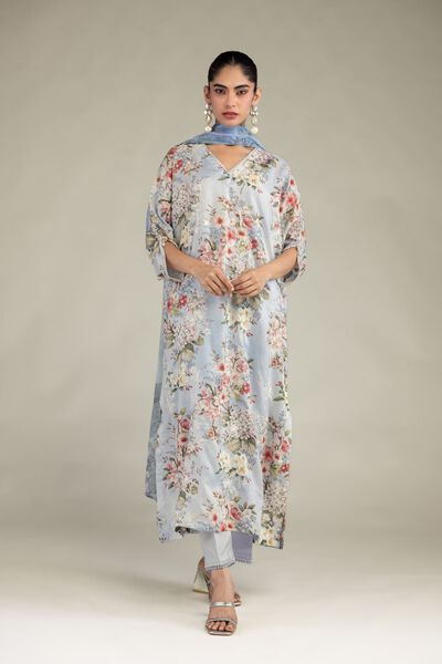 Embroidered Blended Viscose Blue Viscose Pants