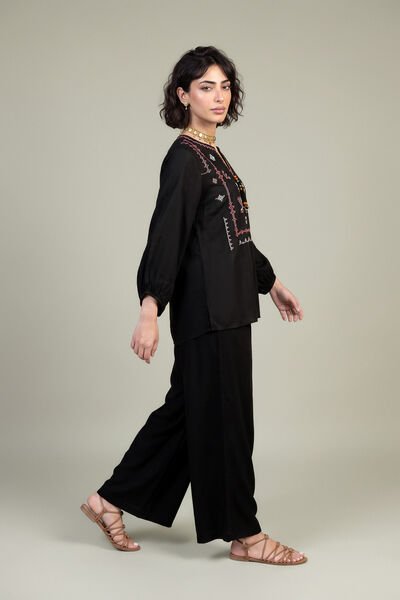 Embroidered Viscose Crepe Black Viscose Trousers