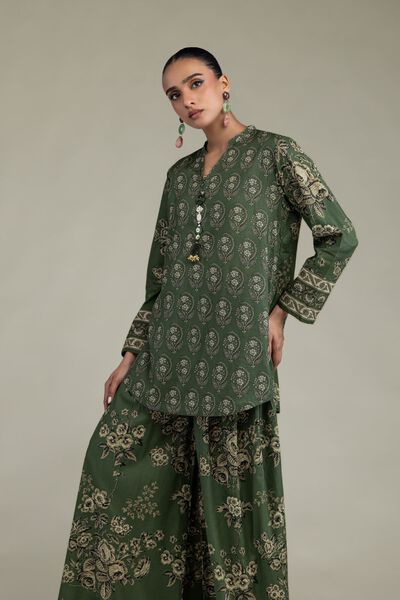 Printed Cambric Short Green Kurta