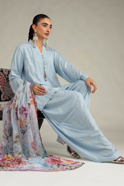Embroidered Raw Silk Blue Floral Kurta