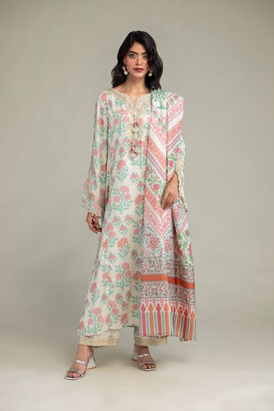 Embroidered Raw Silk Floral Silk Pants