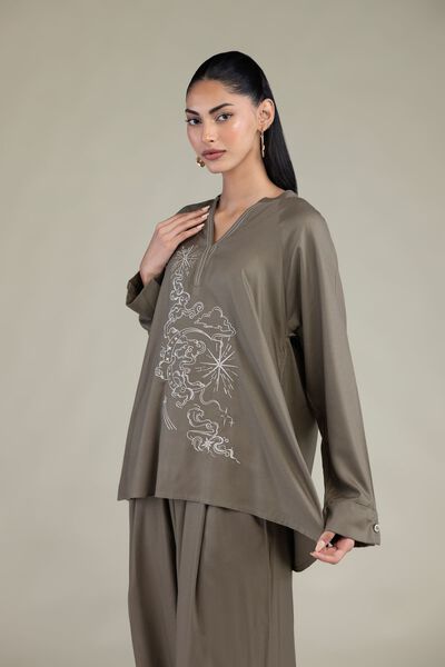 Embroidered Viscose Crepe Olive V-Neck Tunic