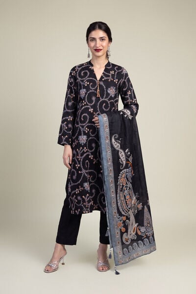 Embroidered Raw Silk Black Solid Pants