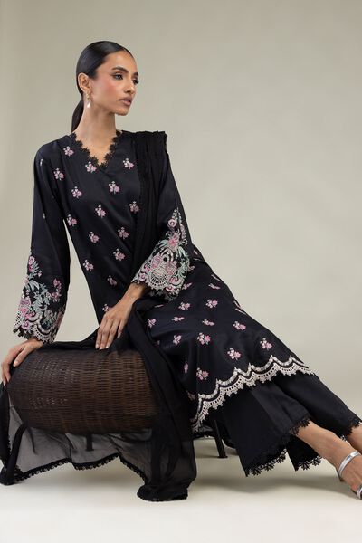 Embroidered Dobby Black Tailored 3-Piece