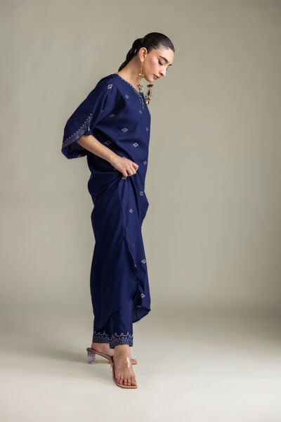 Embroidered Raw Silk Navy Embroidered Pants