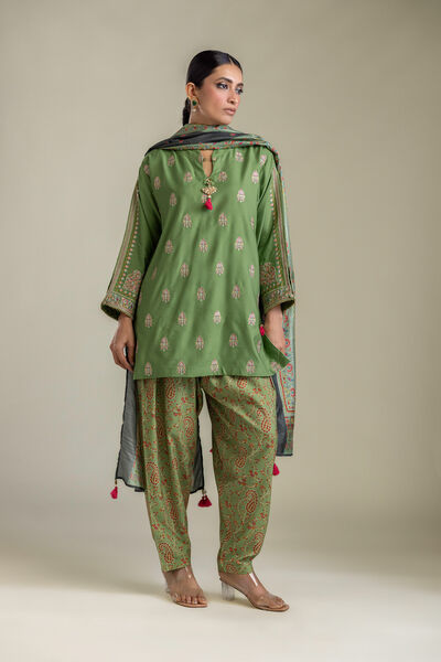 Embroidered Raw Silk Silk Green Shalwar