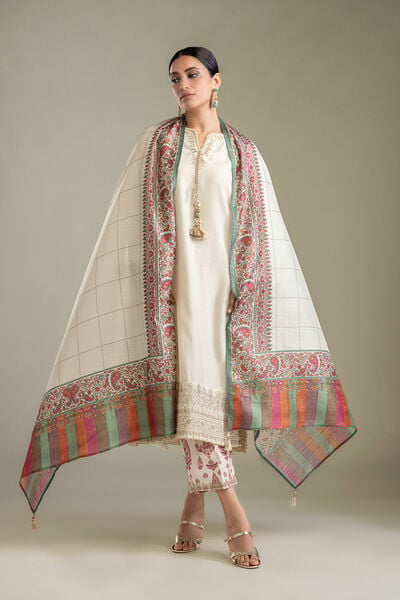 Embroidered Raw Silk White Silk Kurta