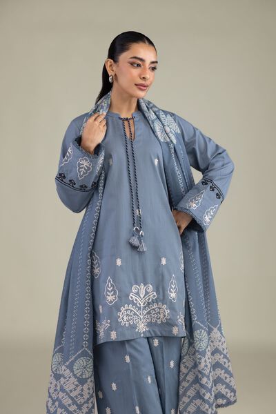 Textured Cotton Embroidered Blue Cotton Kurta