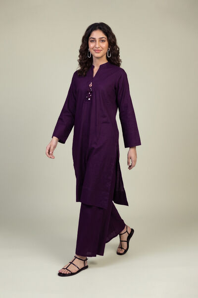 Embroidered Cotton Crinkle Purple Cotton Pants