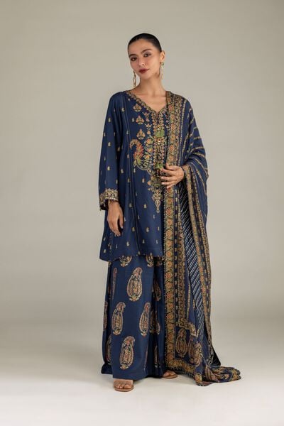 Printed Raw Silk Navy Silk Kurta