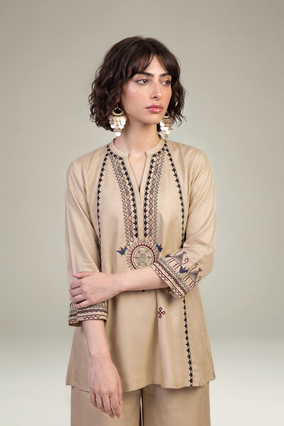 Embroidered Viscose Crepe Beige V-Neck Tunic
