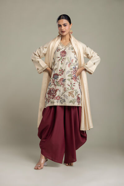 Embroidered Raw Silk Maroon Silk Pants