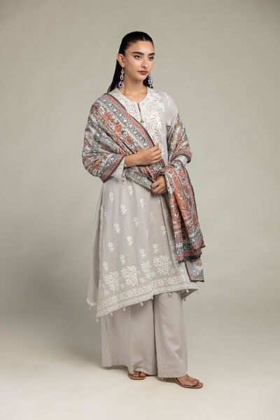 Embroidered Raw Silk Gray Solid Pants