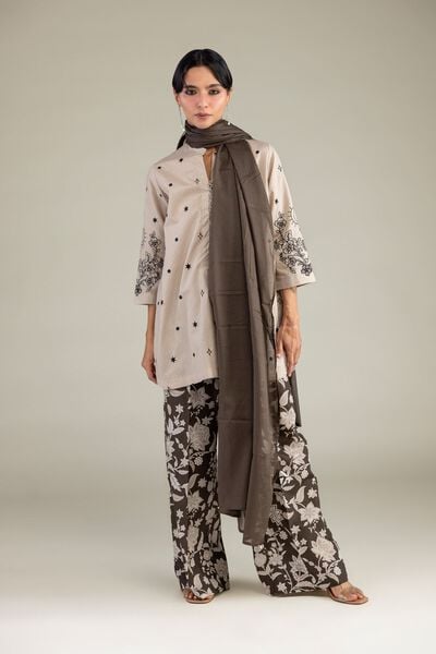 Embroidered Cotton Dobby Beige Floral Kurta