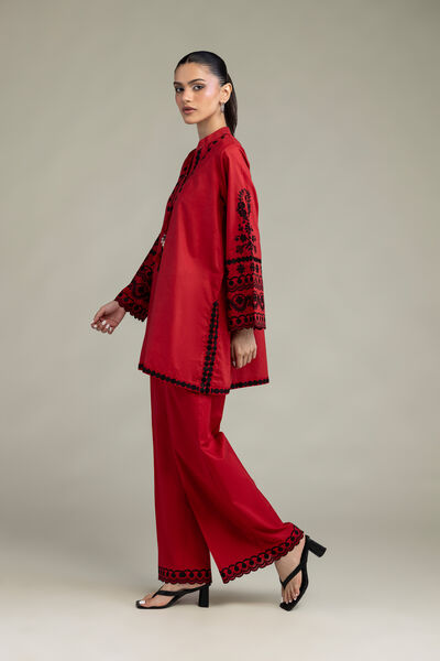 Embroidered Cambric Red Cambric Pants