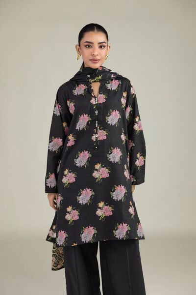 Printed Cotton Dobby Black Floral Kurta