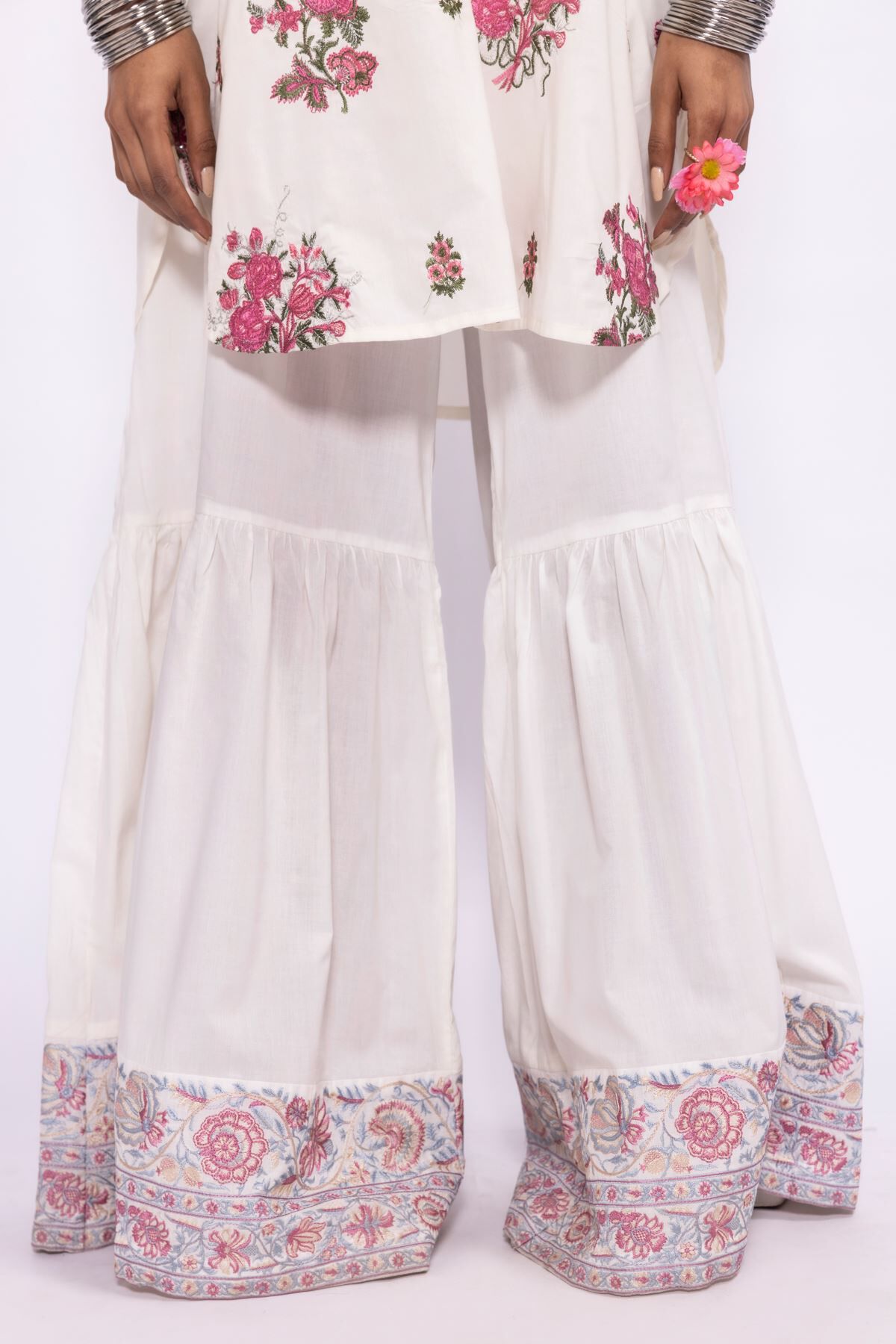 White Pink Khadi Printed Gharara Set Design by Abbaran at Pernias Pop Up  Shop 2023