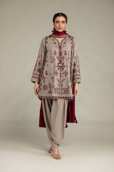 Embroidered Raw Silk Beige Silk Shalwar