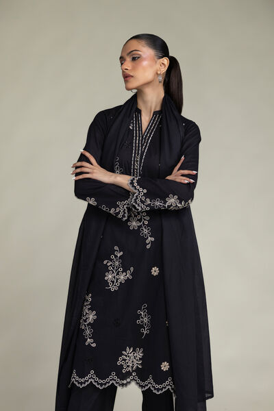 Embroidered Cambric Black Longline Kurta