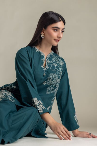 Embroidered Cambric Short Teal Kurta