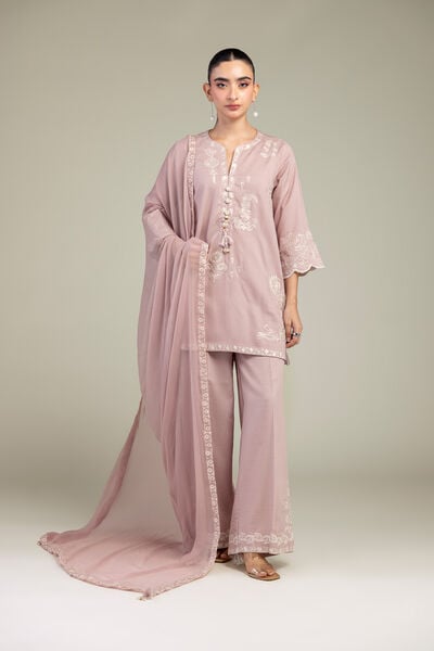 Embroidered Raw Silk V-Neck Pink Kurta