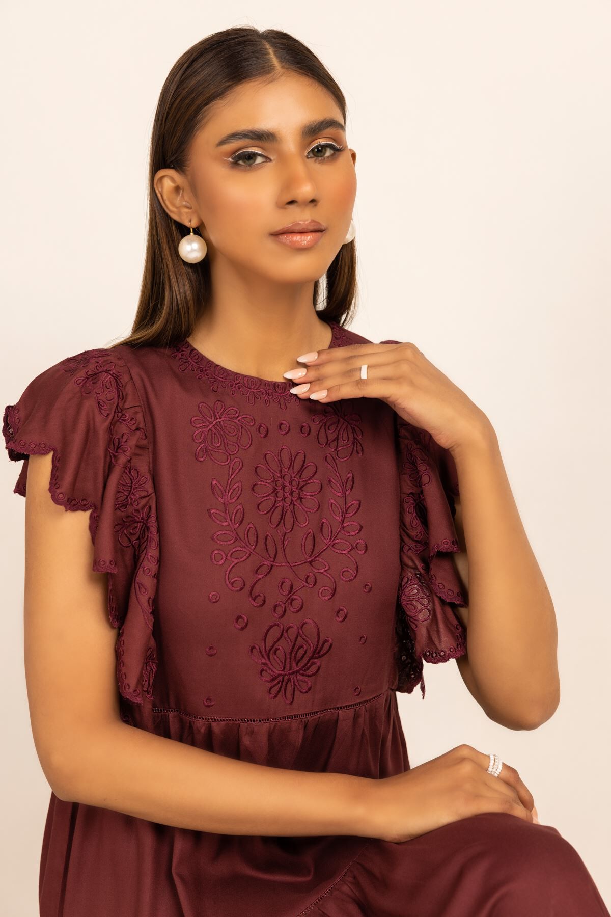 Flutter and flow burgundy embroidered maxi dress sale