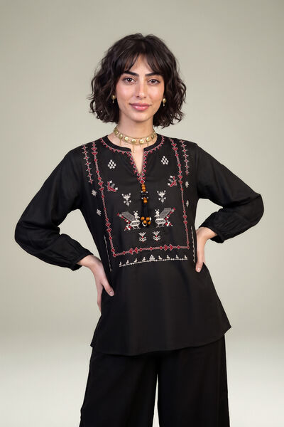 Embroidered Viscose Crepe Black V-Neck Blouse