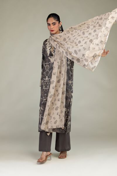 Embroidered Cambric Solid Gray Pants