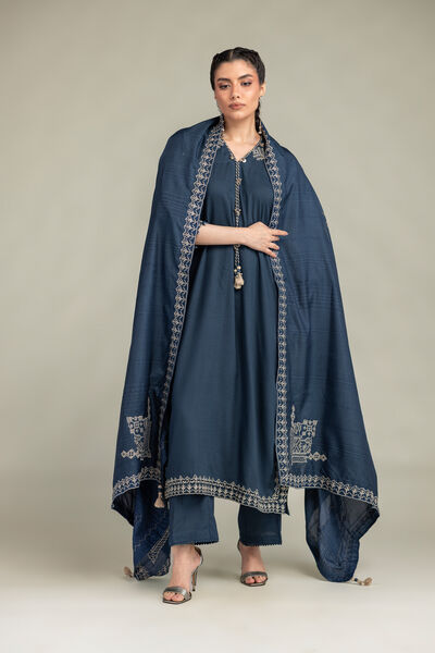 Embroidered Raw Silk V-Neck Longline Kurta