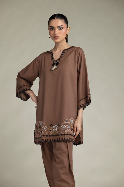 Embroidered Cambric Short Brown Kurta