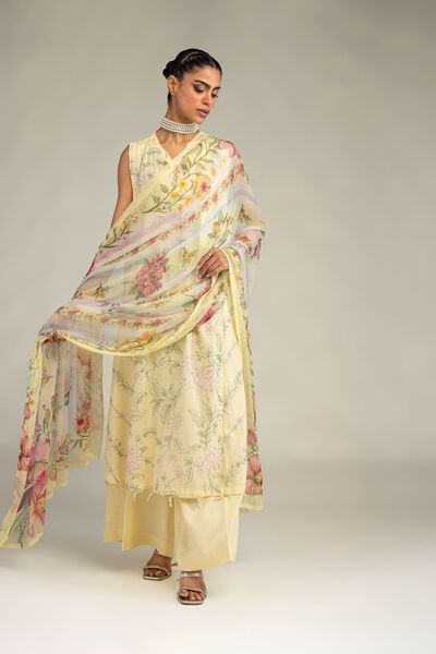 Embroidered Raw Silk Yellow Sleeveless Kurta