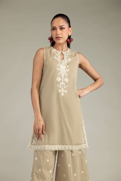 Embroidered | Cambric | Beige Sleeveless Kurta | PKR 3,600