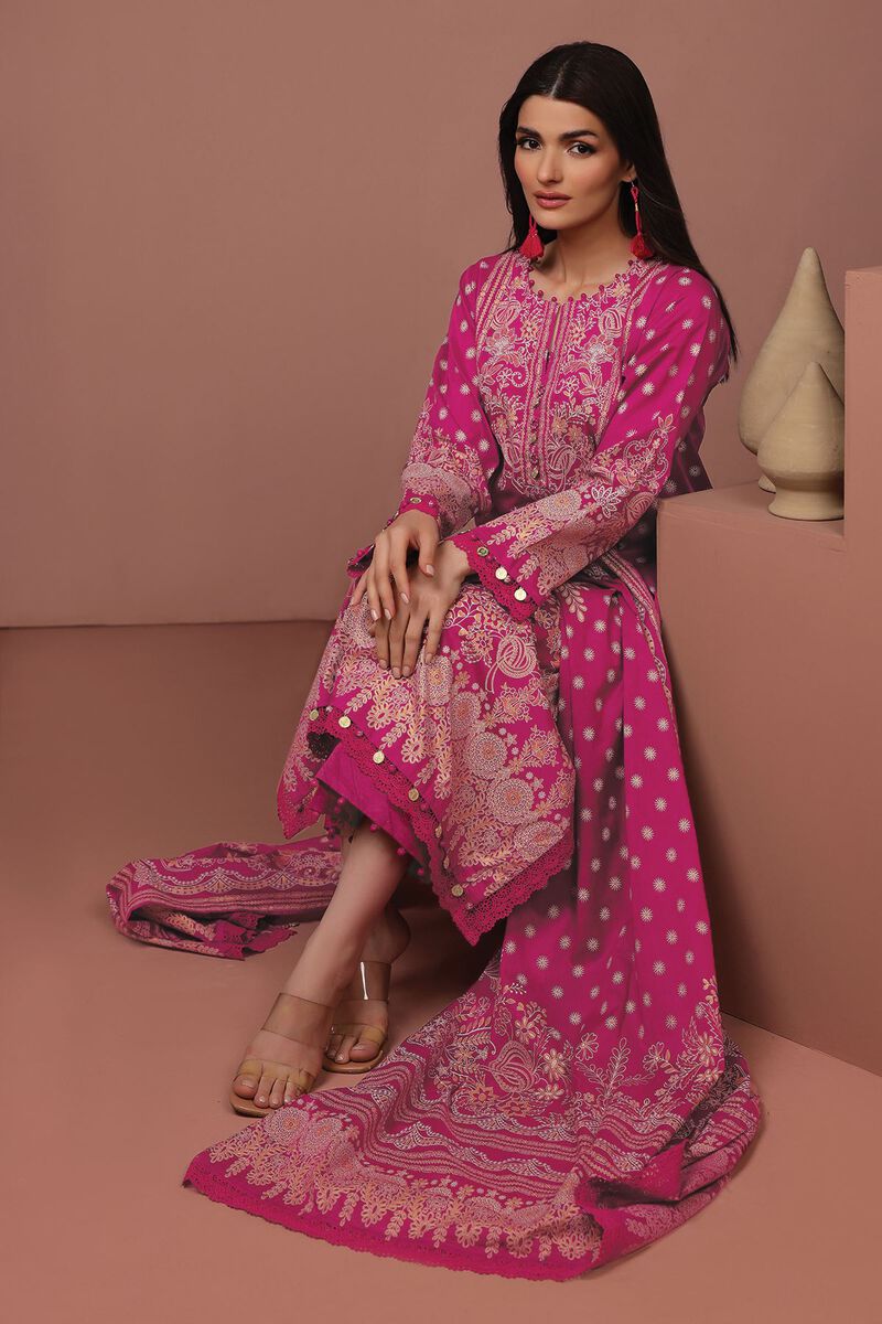 khaadi pink dress Dark Pink Printed Voil Dress