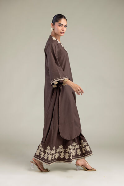 Embroidered Cotton Dobby Floral Brown Pants