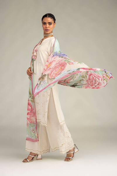 Embroidered Raw Silk Floral Silk Pants