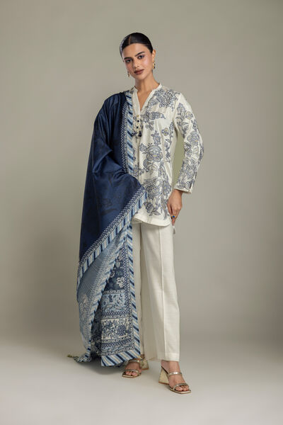 Embroidered Polyester Silk Floral Navy Dupatta