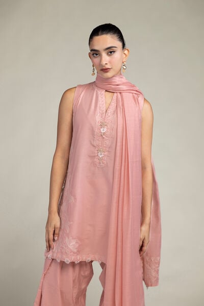 Embroidered Raw Silk Sleeveless Pink Kurta