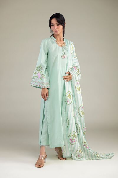 Embroidered Cotton Dobby Mint Cotton Kurta