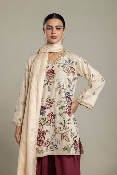 Embroidered Raw Silk Short V-Neck Kurta