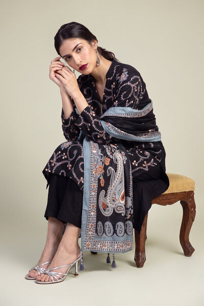 Embroidered Polyester Silk Black Silk Dupatta