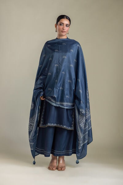 Embroidered Raw Silk Navy Silk Pants