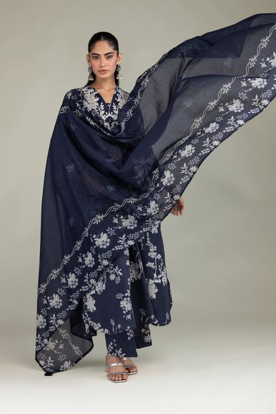 Embroidered Cambric Navy Floral Pants