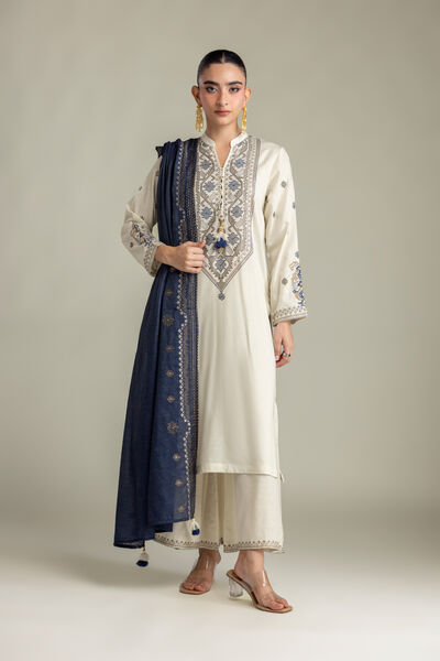 Embroidered Raw Silk Off-White Silk Pants