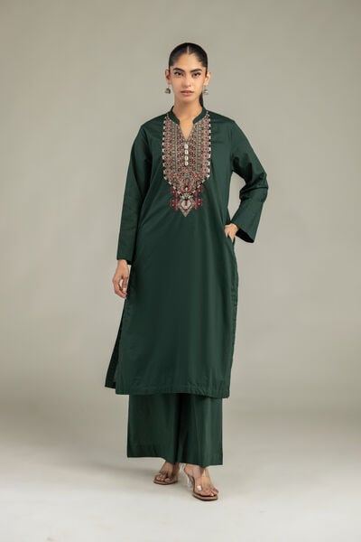 Embroidered Cambric Solid Green Pants