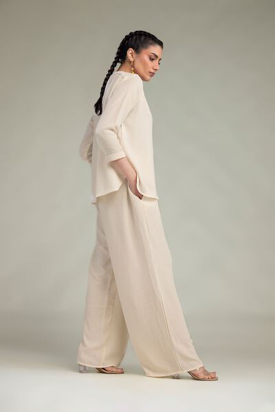 Dyed Crepe Georgette Beige Solid Trousers