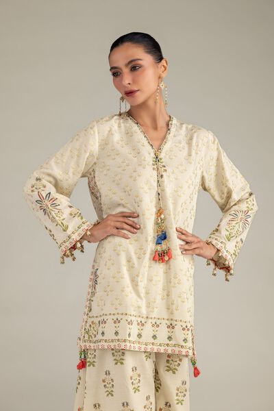 Printed Raw Silk Floral V-Neck Kurta