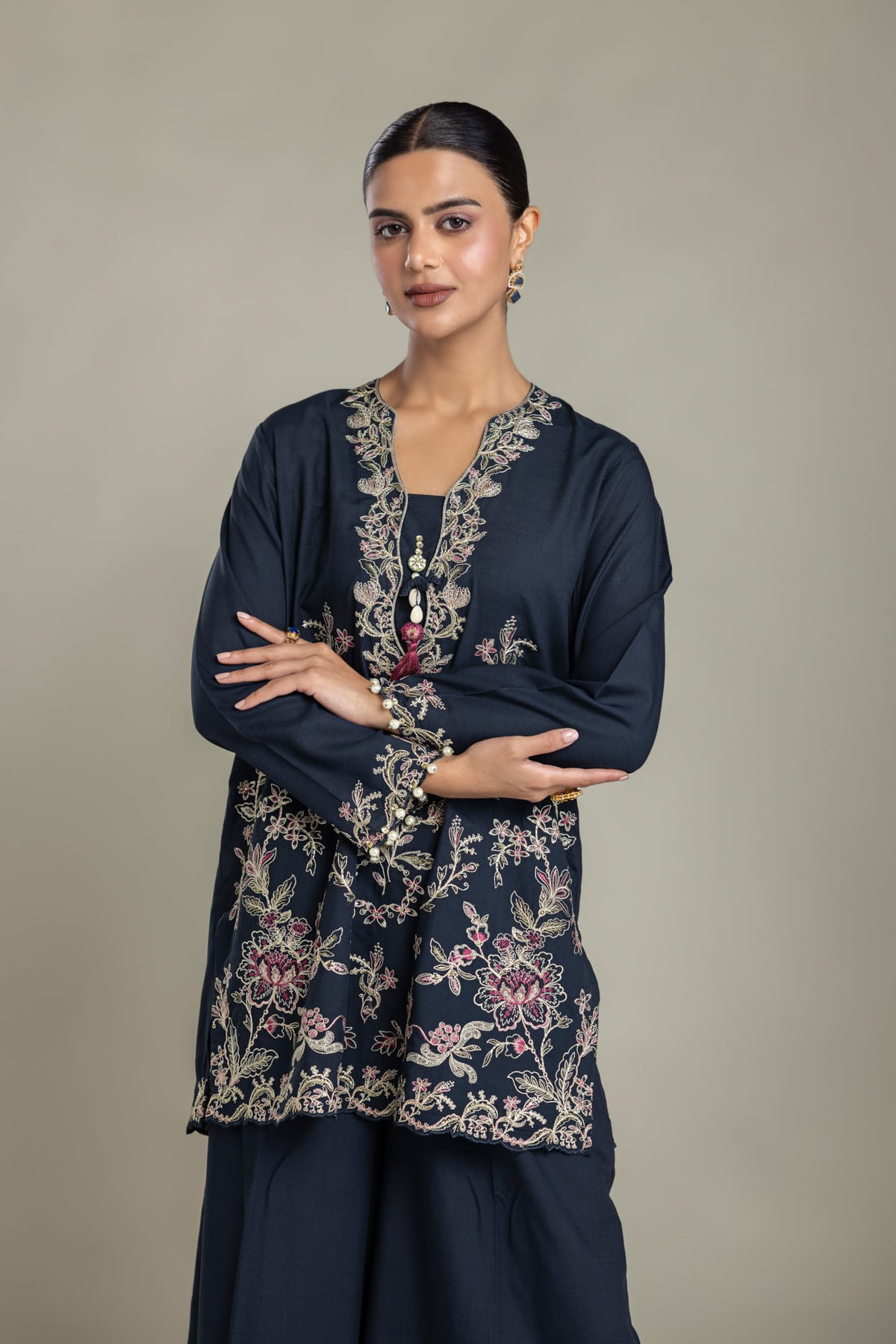 Embroidered Raw Silk Short Navy Kurta - 2-26-202-A-D-VG