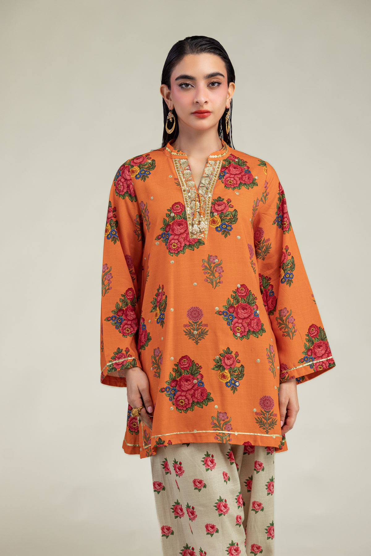 Embroidered Raw Silk Orange Floral Kurta - 1-26-221-A-G1-VG