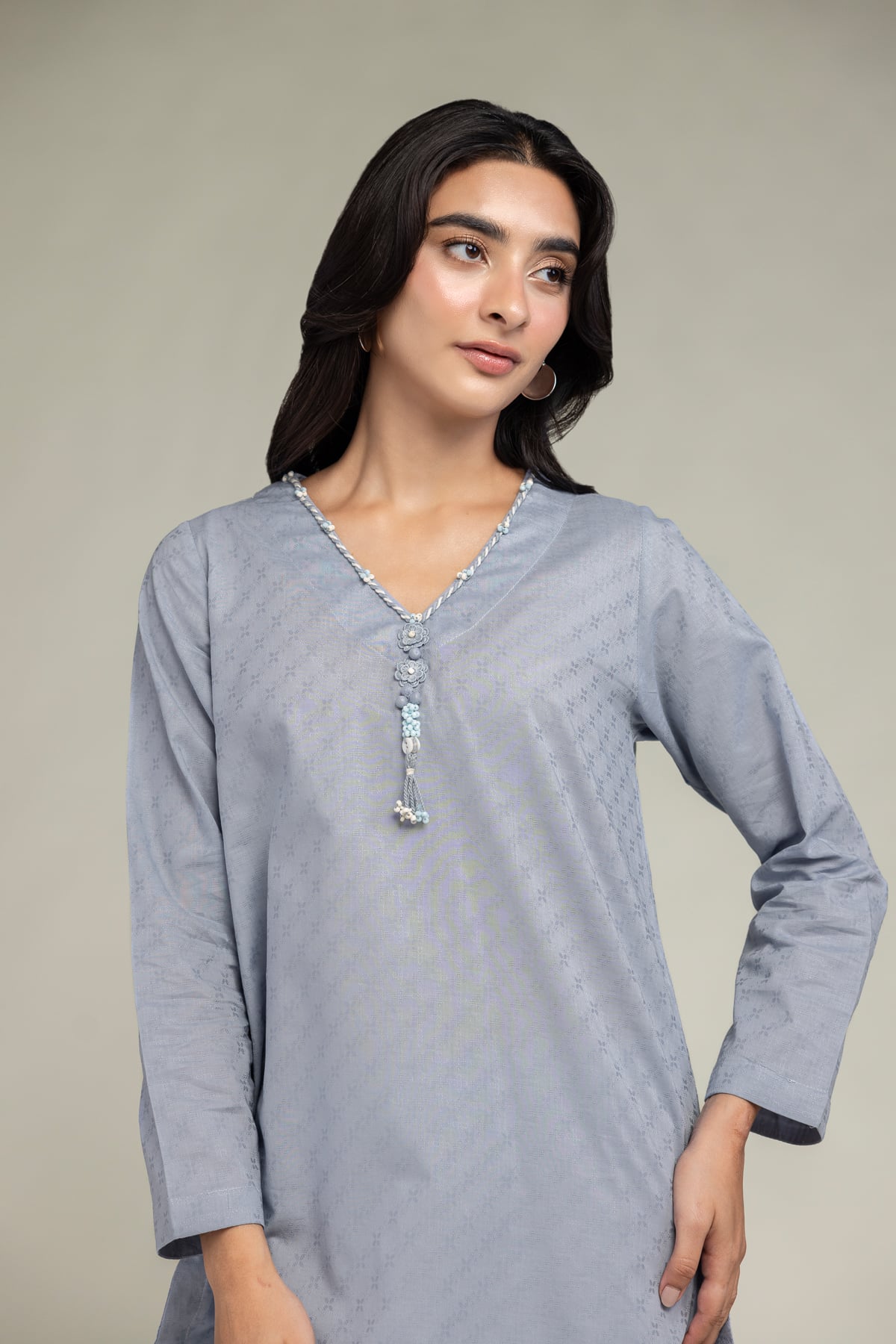 Dyed Cotton Dobby V-Neck Cotton Kurta - 1-26-244-A-D1-VG