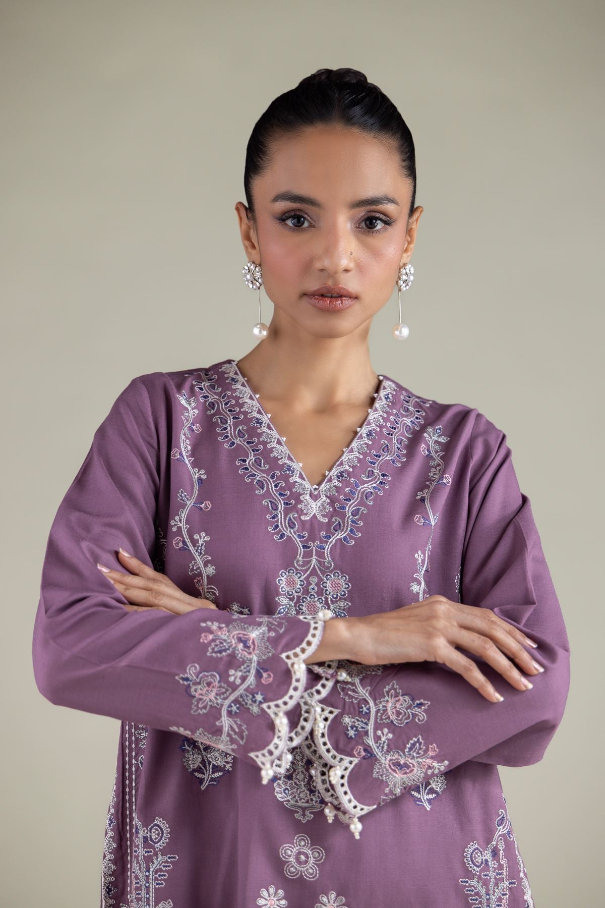Embroidered Raw Silk Floral V-Neck Kurta - 2-26-105-A-D-VG